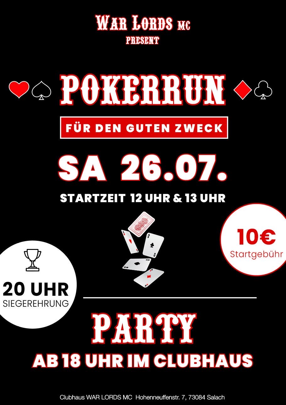 POKERRUN 2025 - 26.07. - Startzeit 12 Uhr & 13 Uhr - 10 € Startgebühr - 20 Uhr Siegerehrung - Party im Clubhaus ab 18 Uhr